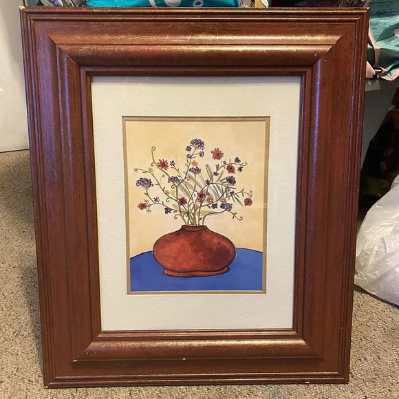 Old Vtg WATERCOLOR Art PAINTING ? FLORAL POT Wood Framed WALL HANGING 17”x20” - Picture 1 of 8